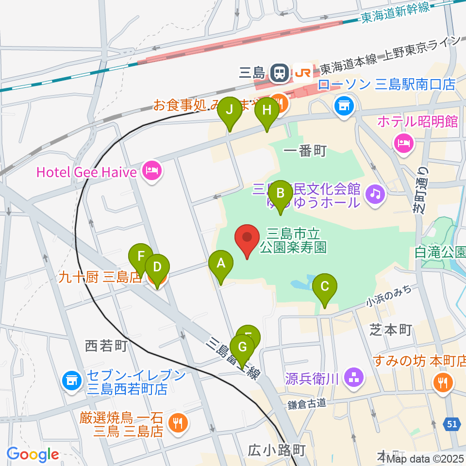 三島市郷土資料館周辺のファミレス・ファーストフード一覧地図