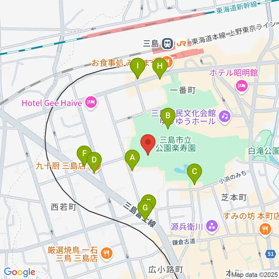 三島市郷土資料館周辺のファミレス・ファーストフード一覧地図