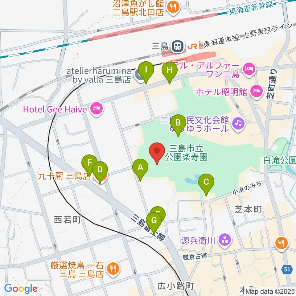 三島市郷土資料館周辺のファミレス・ファーストフード一覧地図