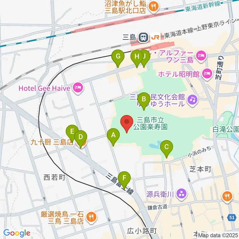 三島市郷土資料館周辺のファミレス・ファーストフード一覧地図