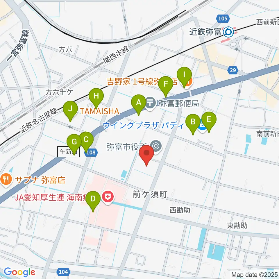 弥富市歴史民俗資料館周辺のファミレス・ファーストフード一覧地図