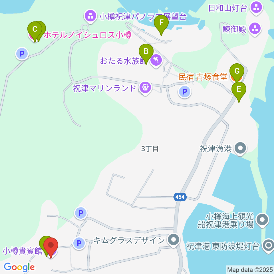 旧青山別邸・小樽貴賓館周辺のファミレス・ファーストフード一覧地図