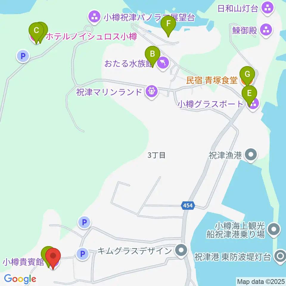 旧青山別邸・小樽貴賓館周辺のファミレス・ファーストフード一覧地図
