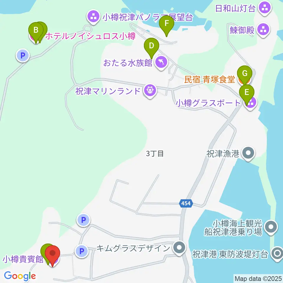 旧青山別邸・小樽貴賓館周辺のファミレス・ファーストフード一覧地図