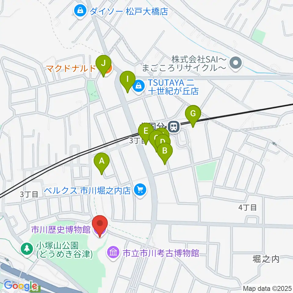 市立市川歴史博物館周辺のファミレス・ファーストフード一覧地図