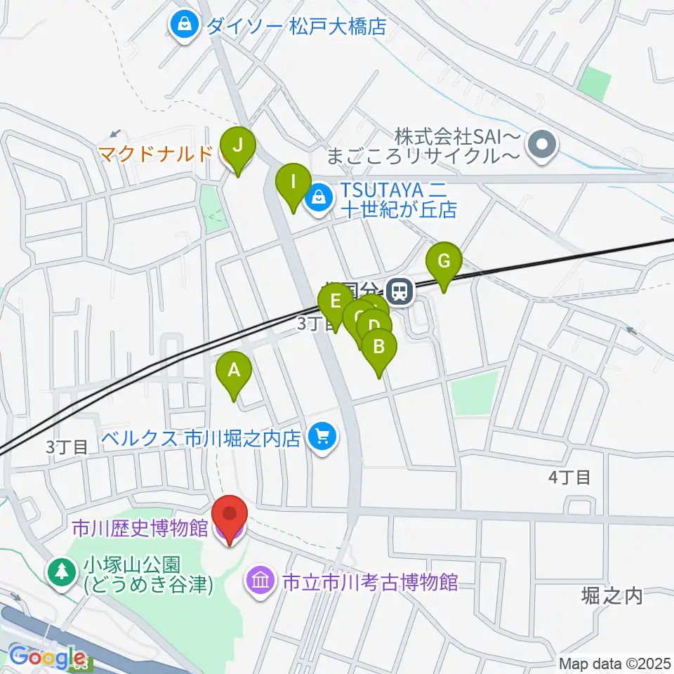 市立市川歴史博物館周辺のファミレス・ファーストフード一覧地図