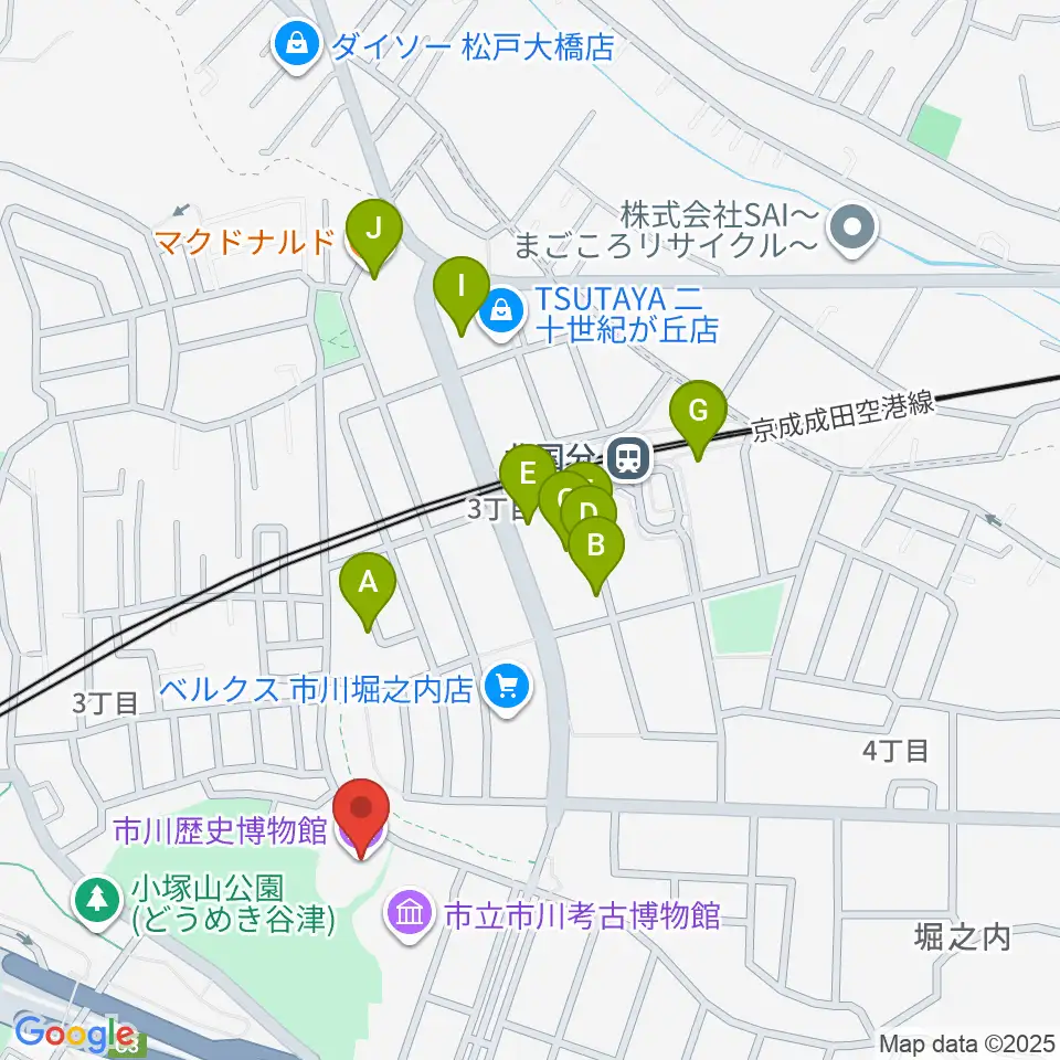 市立市川歴史博物館周辺のファミレス・ファーストフード一覧地図