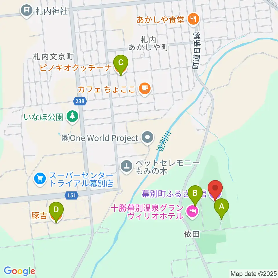 幕別町ふるさと館周辺のファミレス・ファーストフード一覧地図