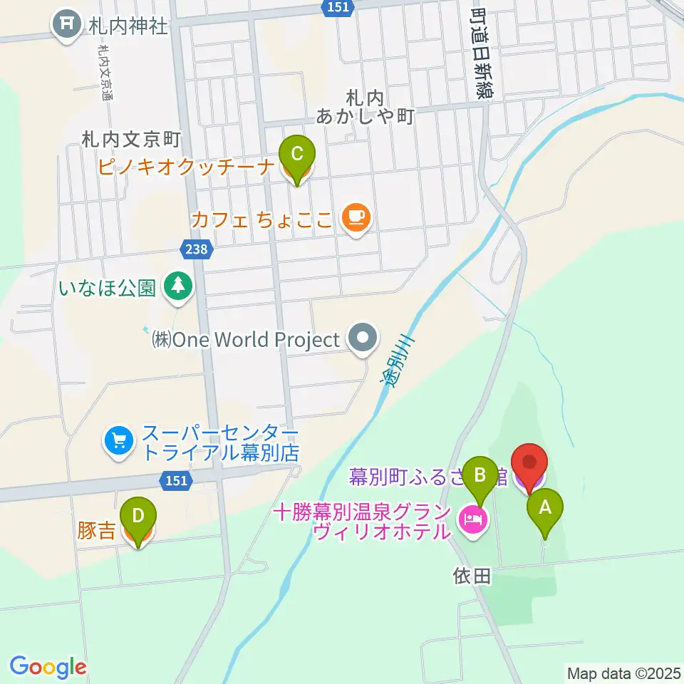 幕別町ふるさと館周辺のファミレス・ファーストフード一覧地図