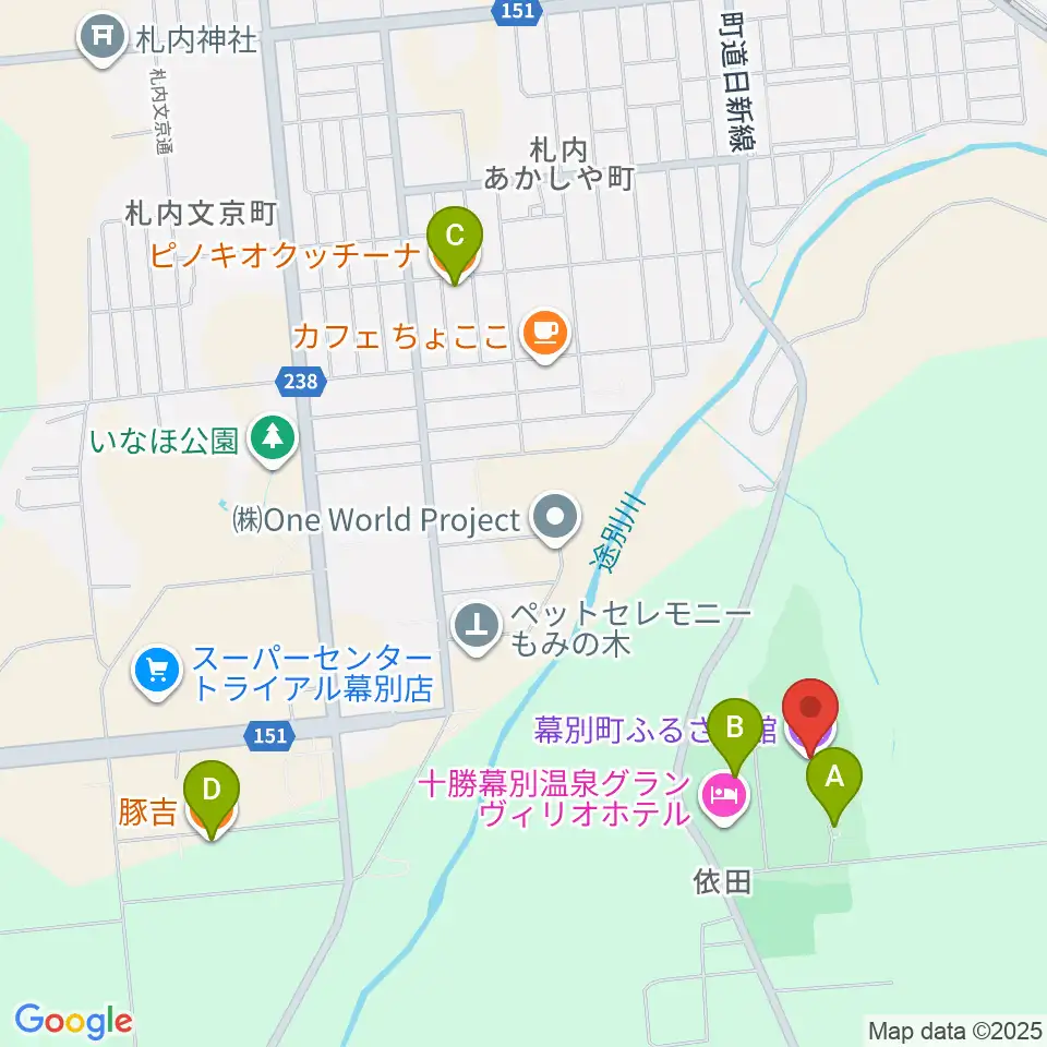 幕別町ふるさと館周辺のファミレス・ファーストフード一覧地図