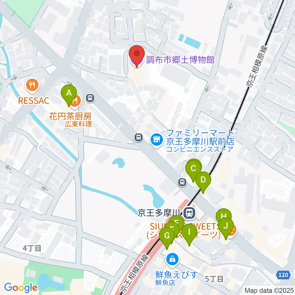 調布市郷土博物館周辺のファミレス・ファーストフード一覧地図