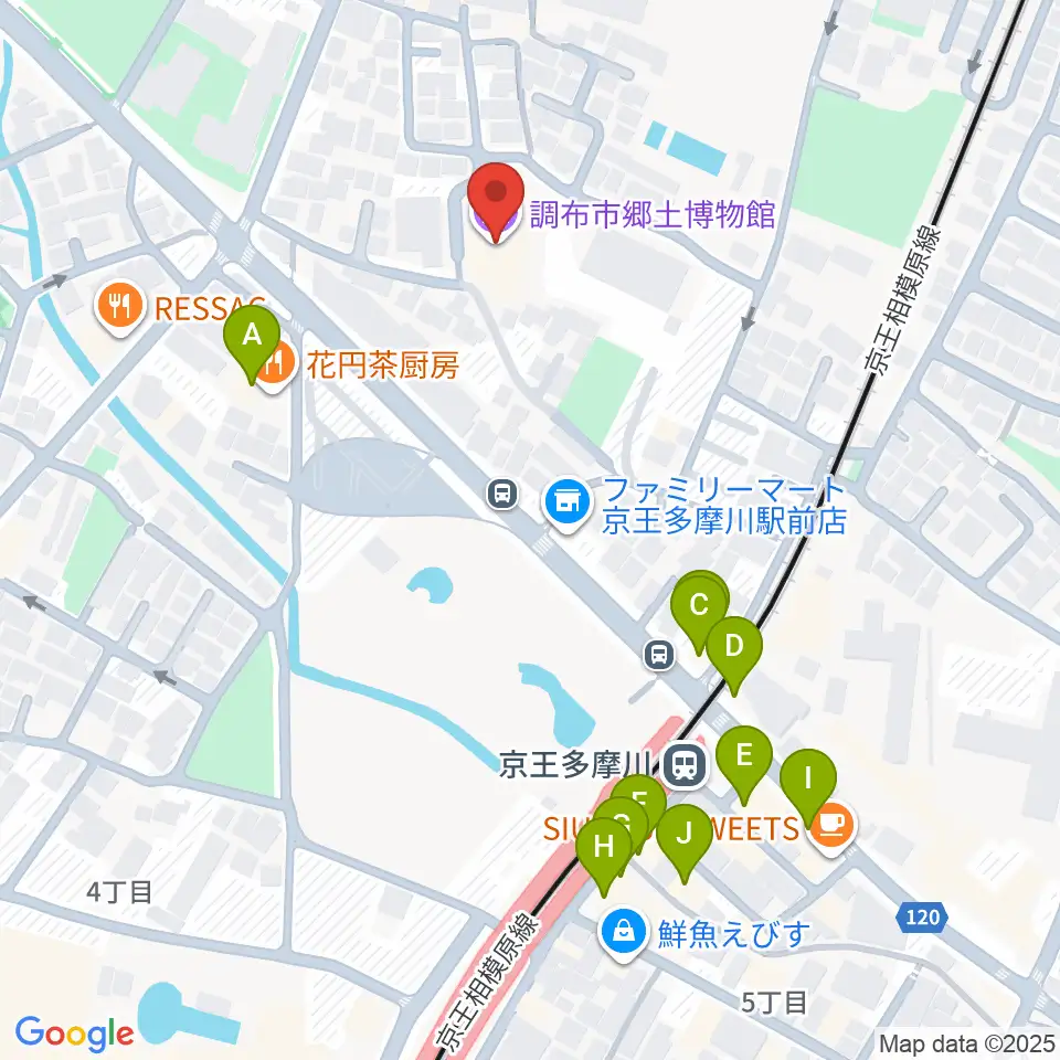 調布市郷土博物館周辺のファミレス・ファーストフード一覧地図