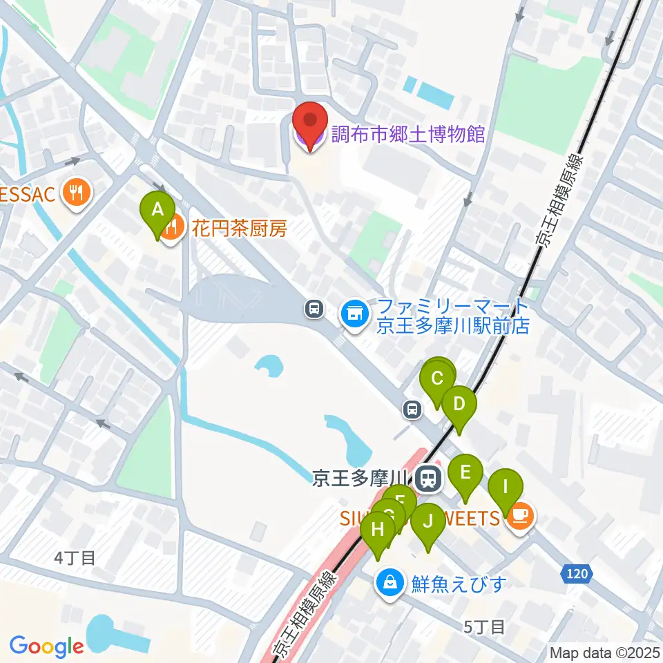 調布市郷土博物館周辺のファミレス・ファーストフード一覧地図