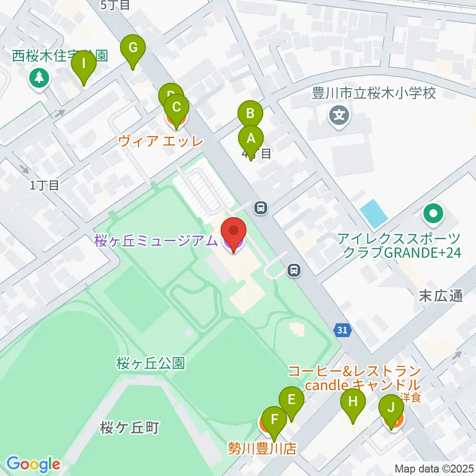 豊川市桜ヶ丘ミュージアム周辺のファミレス・ファーストフード一覧地図