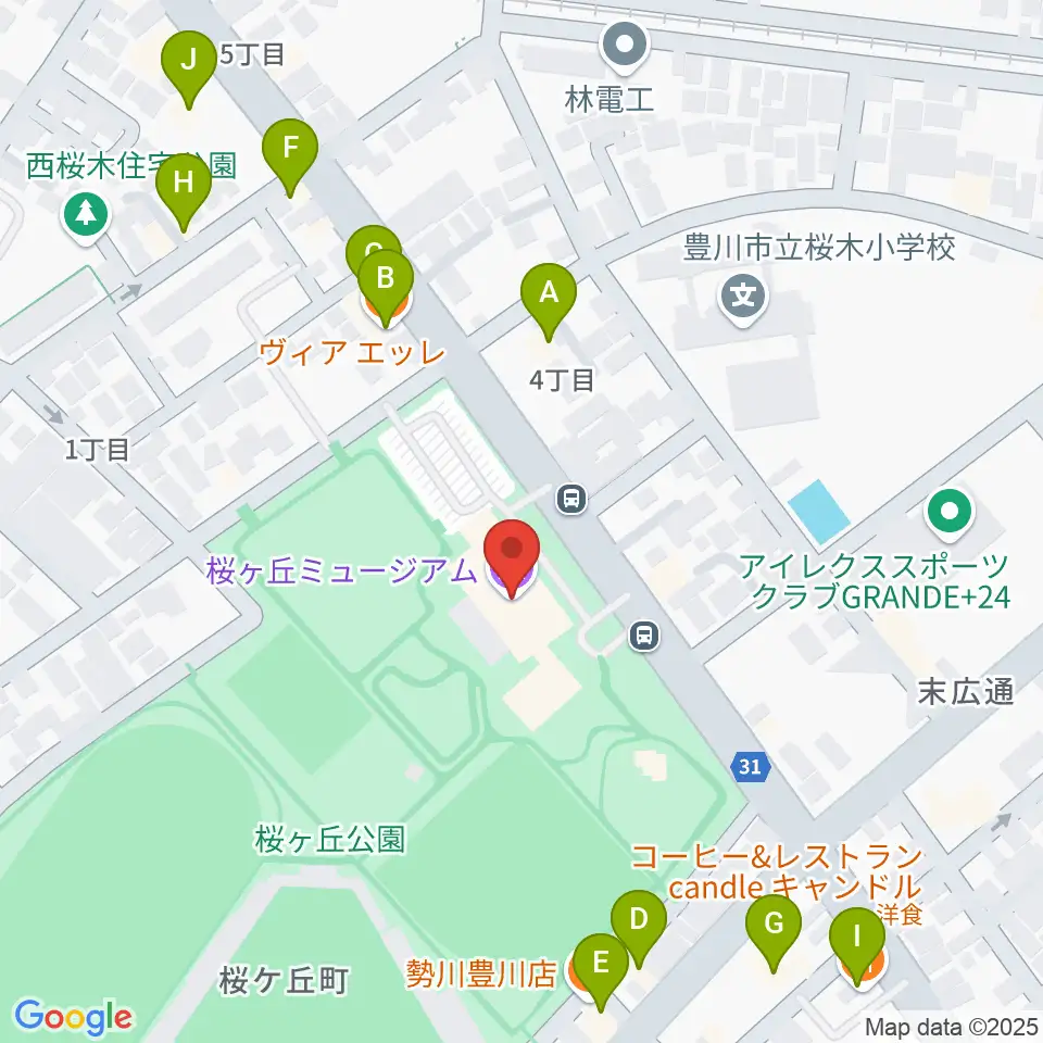 豊川市桜ヶ丘ミュージアム周辺のファミレス・ファーストフード一覧地図