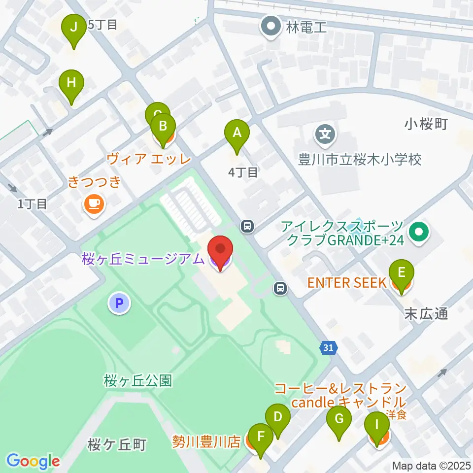 豊川市桜ヶ丘ミュージアム周辺のファミレス・ファーストフード一覧地図