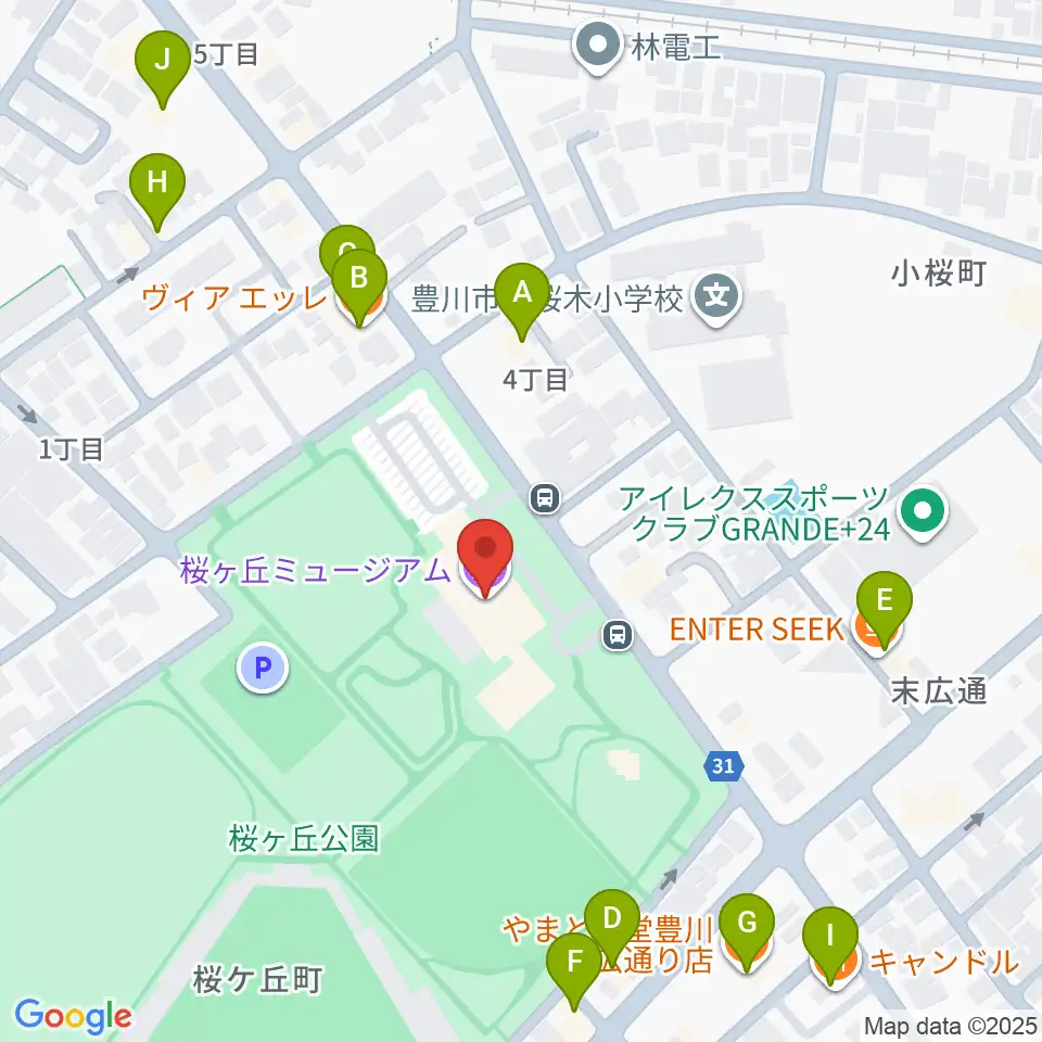 豊川市桜ヶ丘ミュージアム周辺のファミレス・ファーストフード一覧地図