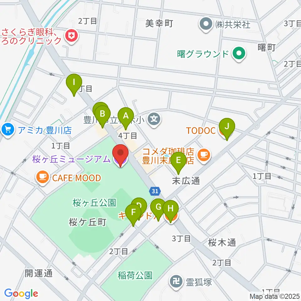 豊川市桜ヶ丘ミュージアム周辺のファミレス・ファーストフード一覧地図