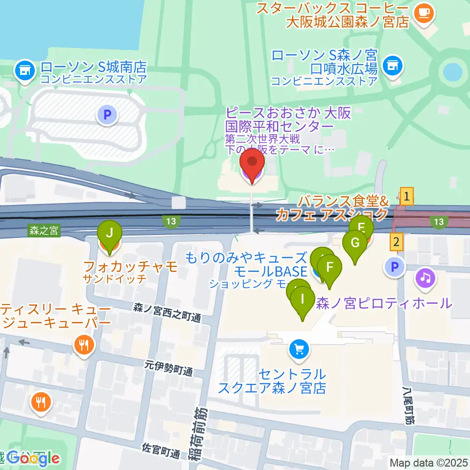 ピースおおさか 大阪国際平和センター周辺のファミレス・ファーストフード一覧地図