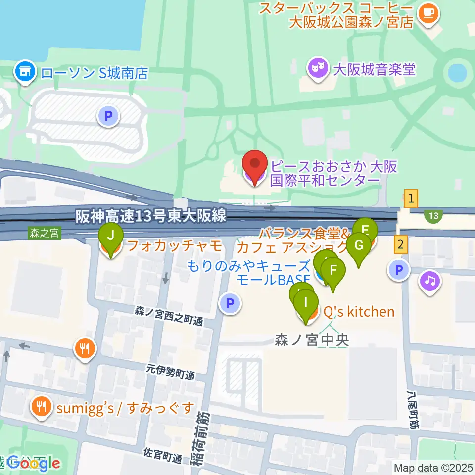 ピースおおさか 大阪国際平和センター周辺のファミレス・ファーストフード一覧地図