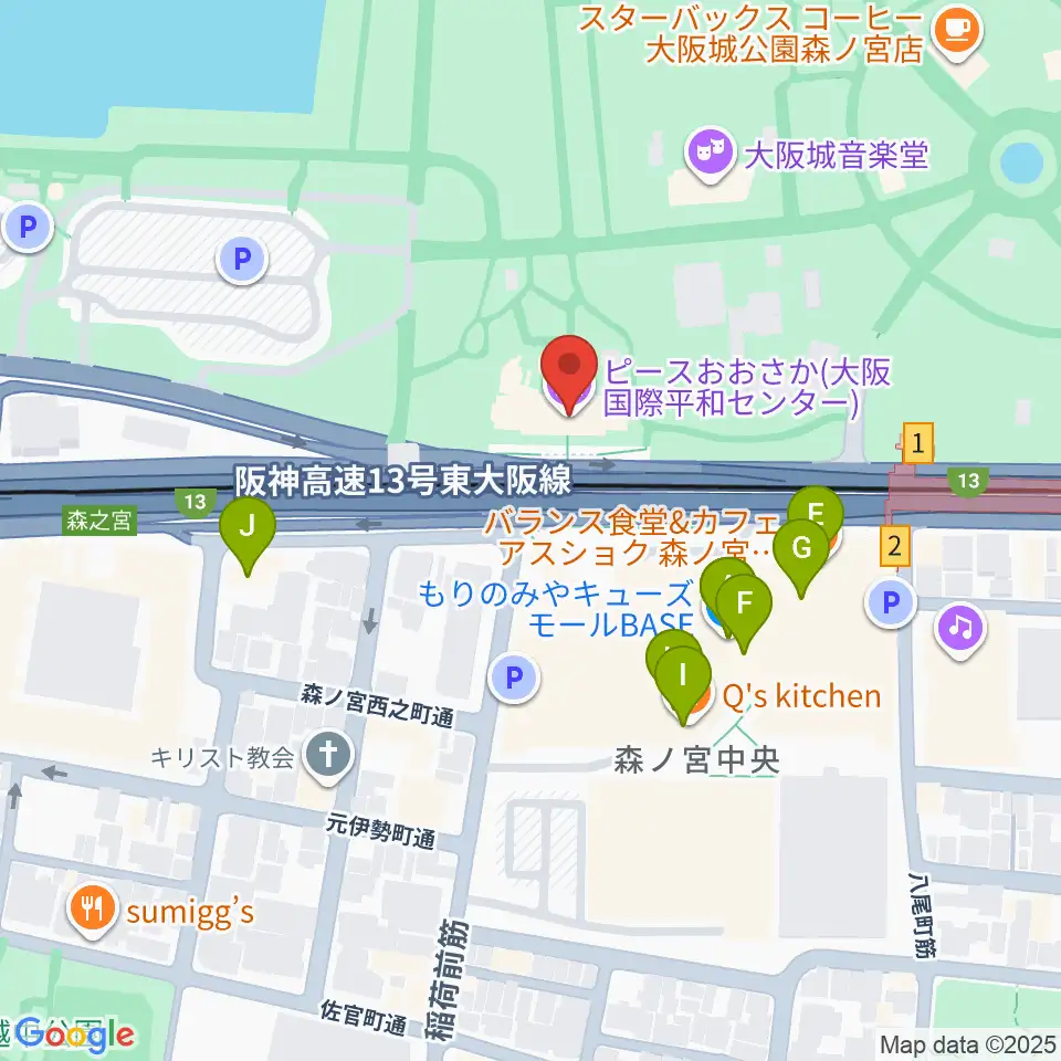 ピースおおさか 大阪国際平和センター周辺のファミレス・ファーストフード一覧地図