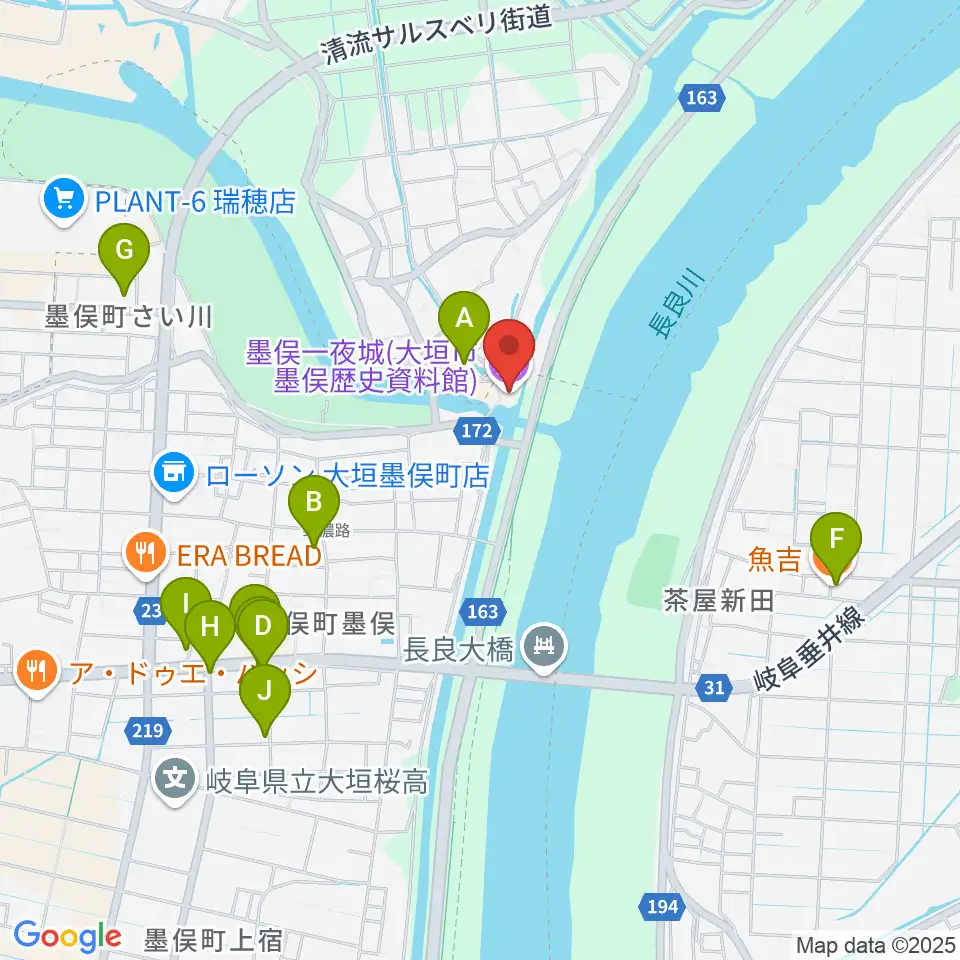 墨俣一夜城（大垣市墨俣歴史資料館）周辺のファミレス・ファーストフード一覧地図