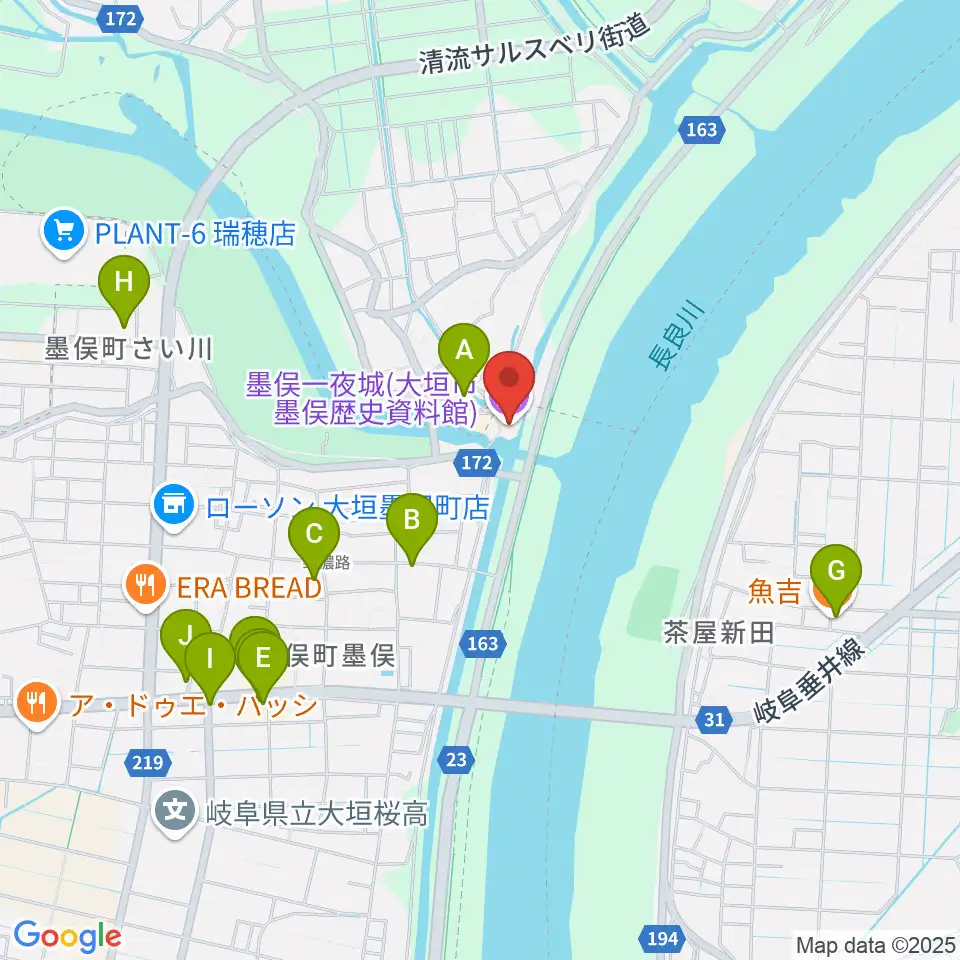 墨俣一夜城（大垣市墨俣歴史資料館）周辺のファミレス・ファーストフード一覧地図