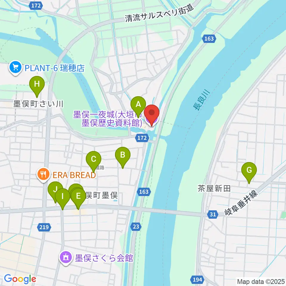 墨俣一夜城（大垣市墨俣歴史資料館）周辺のファミレス・ファーストフード一覧地図