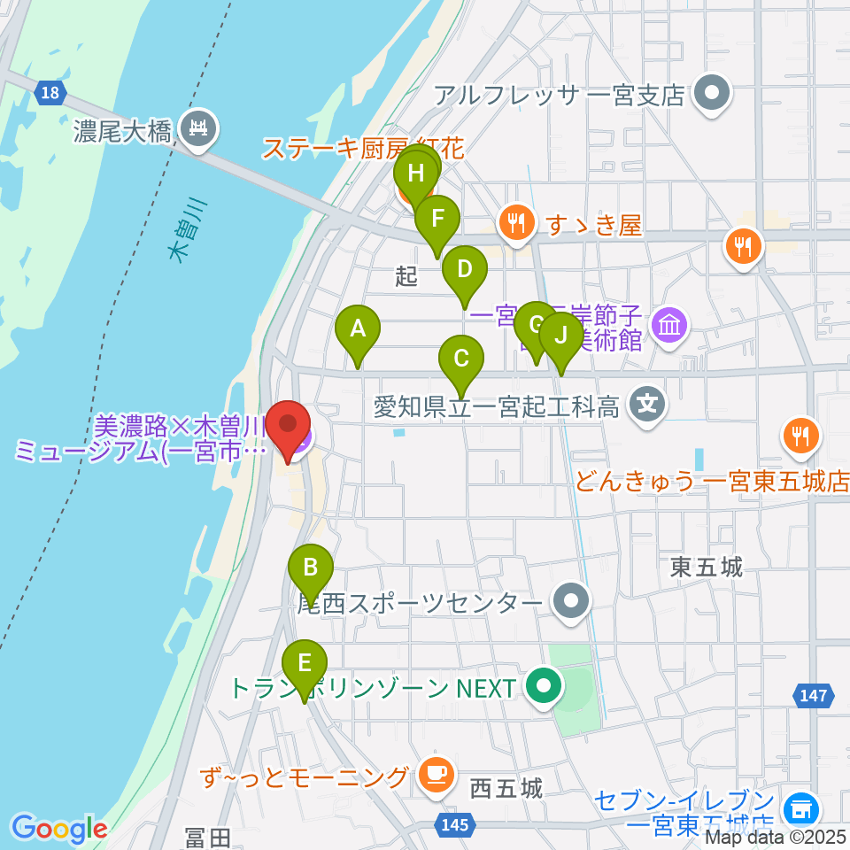 一宮市尾西歴史民俗資料館周辺のファミレス・ファーストフード一覧地図