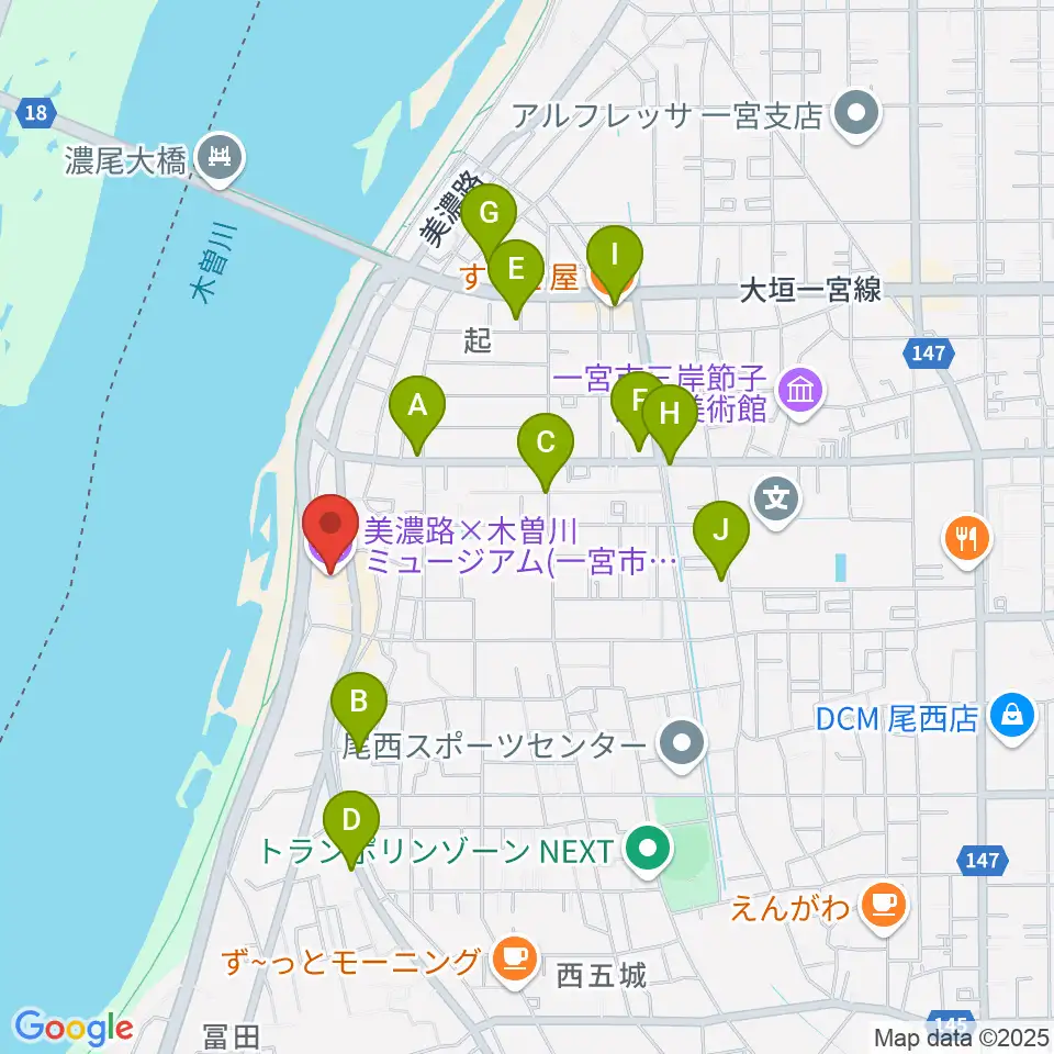 一宮市尾西歴史民俗資料館周辺のファミレス・ファーストフード一覧地図