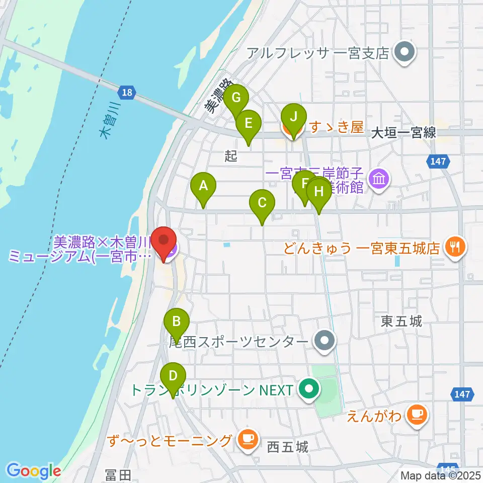 一宮市尾西歴史民俗資料館周辺のファミレス・ファーストフード一覧地図