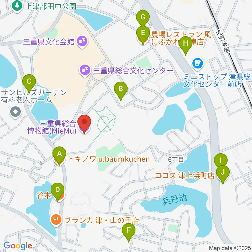 三重県総合博物館 MieMu周辺のファミレス・ファーストフード一覧地図