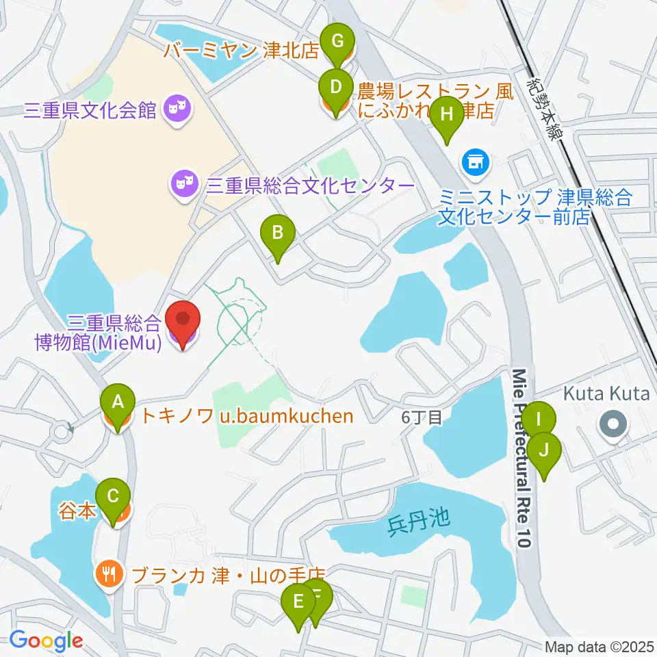 三重県総合博物館 MieMu周辺のファミレス・ファーストフード一覧地図