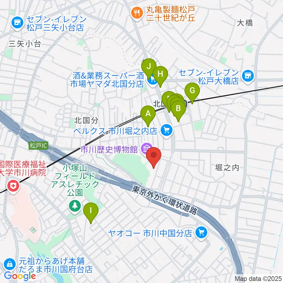 市立市川考古博物館周辺のファミレス・ファーストフード一覧地図