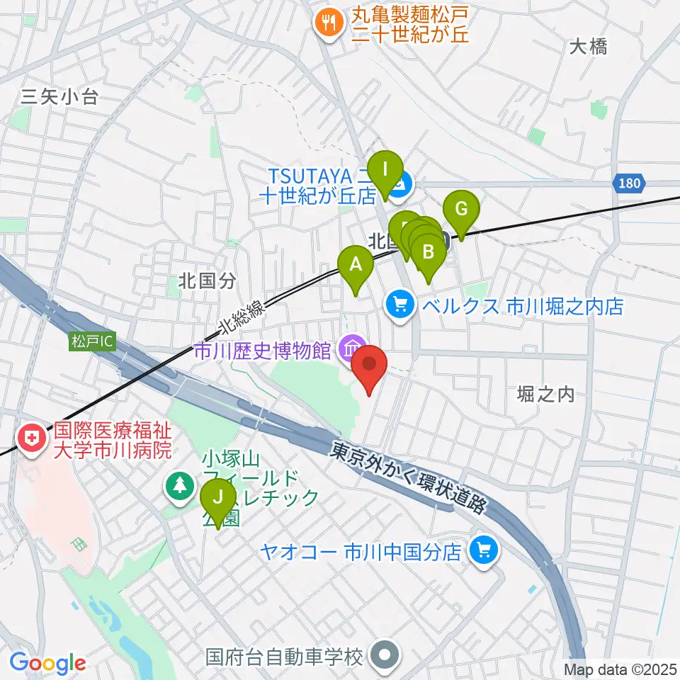 市立市川考古博物館周辺のファミレス・ファーストフード一覧地図