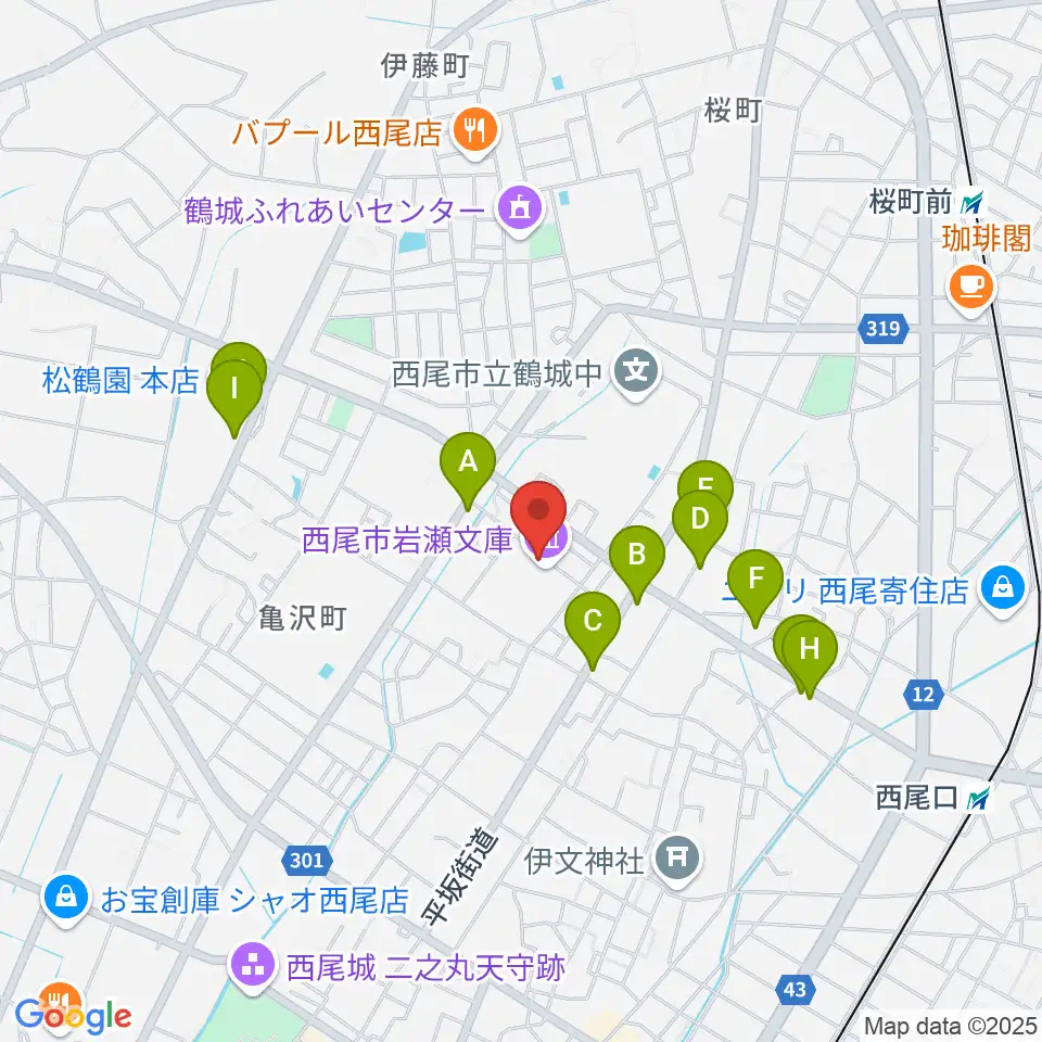 西尾市岩瀬文庫周辺のファミレス・ファーストフード一覧地図