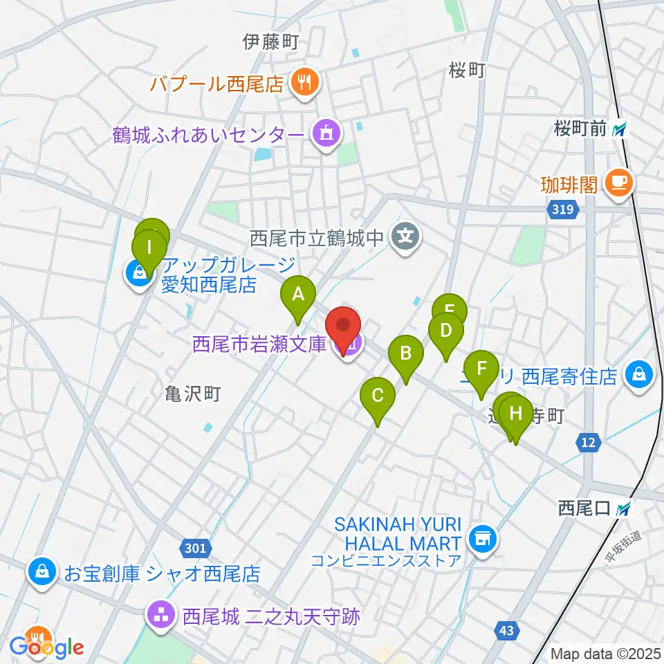 西尾市岩瀬文庫周辺のファミレス・ファーストフード一覧地図