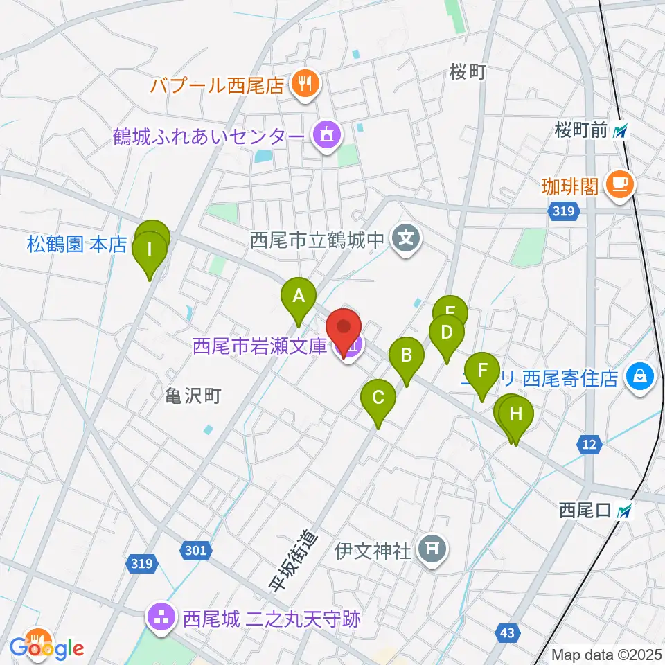 西尾市岩瀬文庫周辺のファミレス・ファーストフード一覧地図