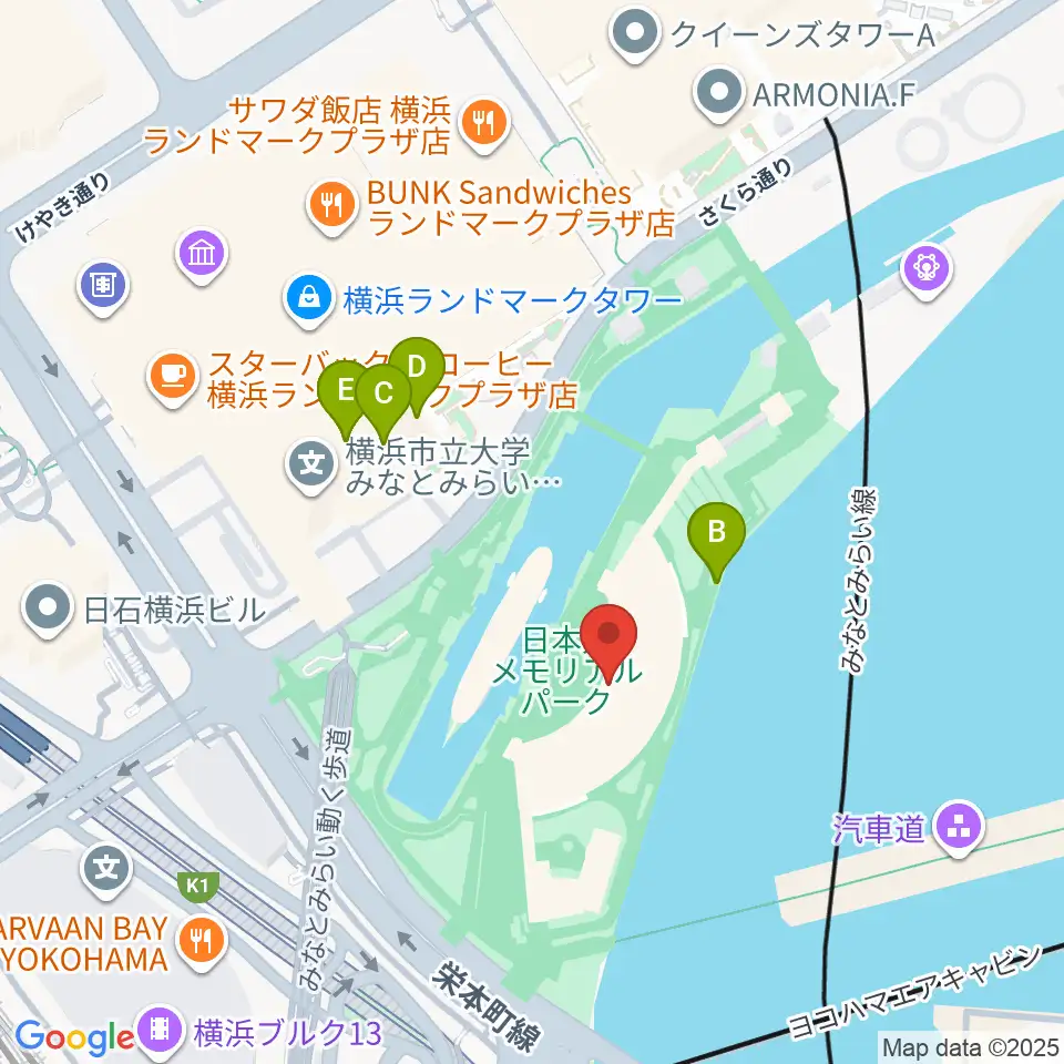 横浜みなと博物館周辺のファミレス・ファーストフード一覧地図