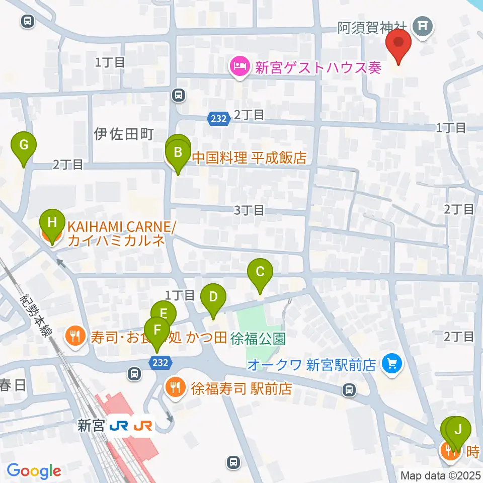 新宮市立歴史民俗資料館周辺のファミレス・ファーストフード一覧地図