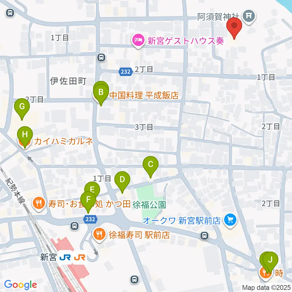 新宮市立歴史民俗資料館周辺のファミレス・ファーストフード一覧地図