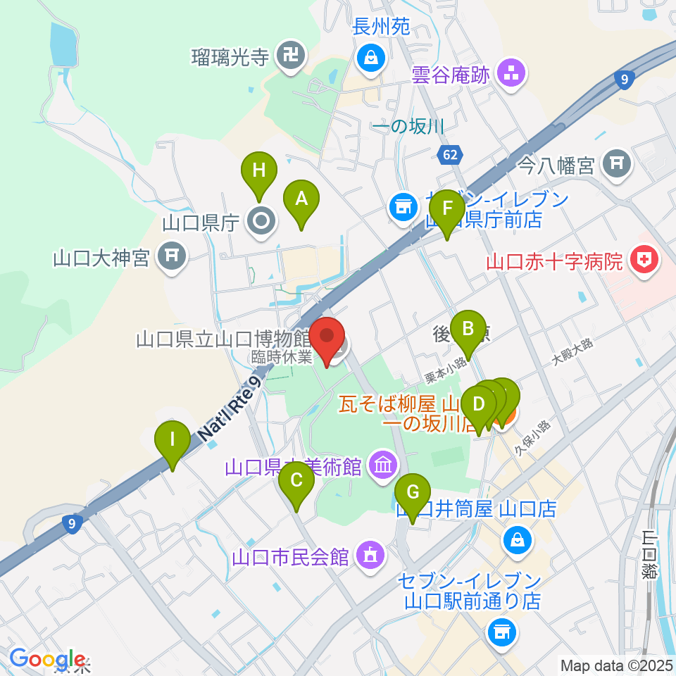 山口県立山口博物館周辺のファミレス・ファーストフード一覧地図