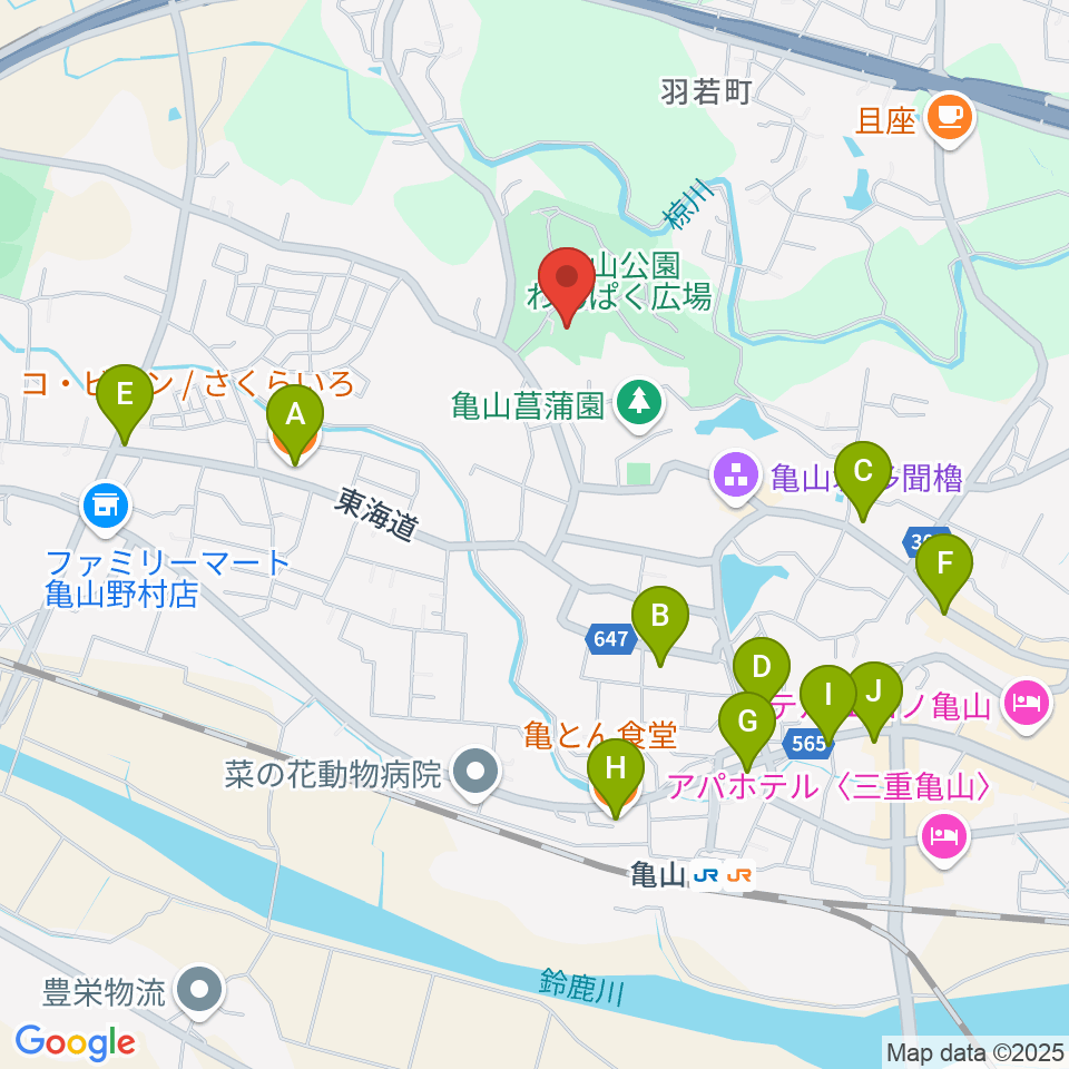 亀山市歴史博物館周辺のファミレス・ファーストフード一覧地図