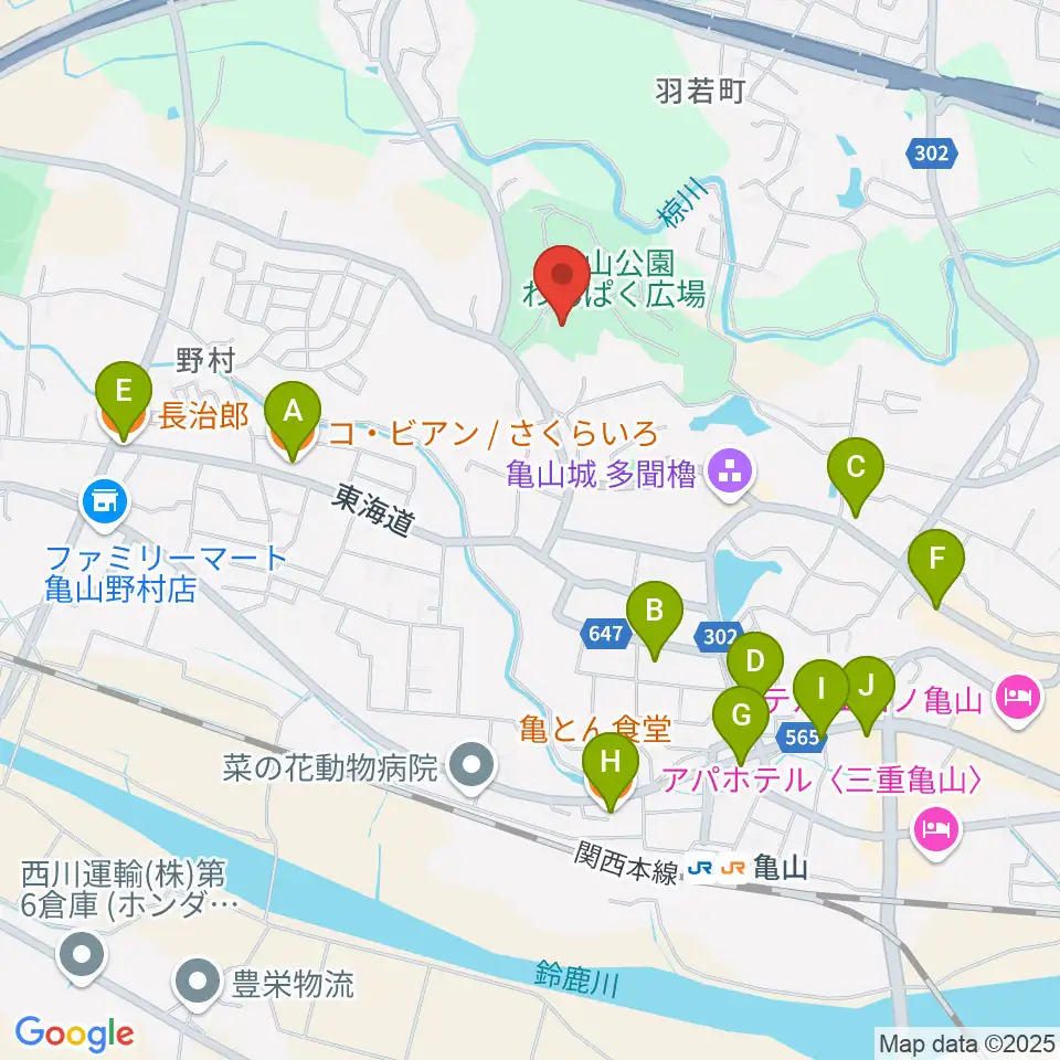 亀山市歴史博物館周辺のファミレス・ファーストフード一覧地図