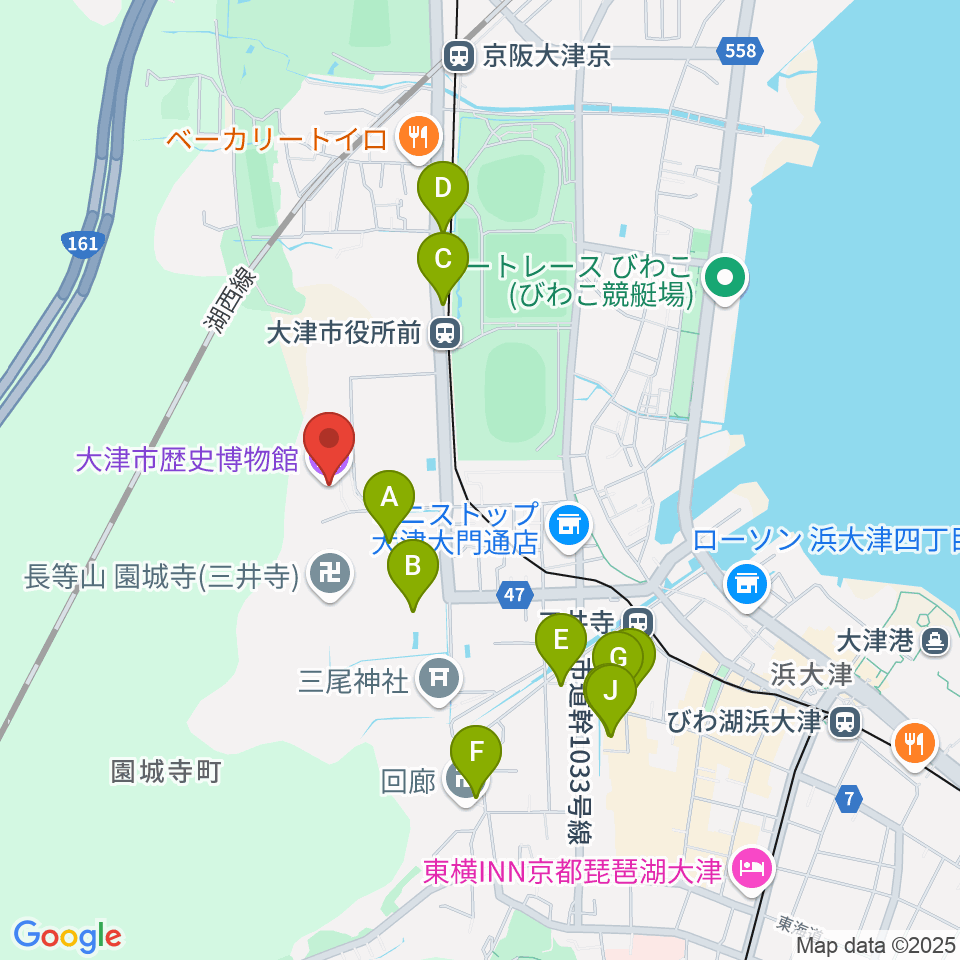 大津市歴史博物館周辺のファミレス・ファーストフード一覧地図