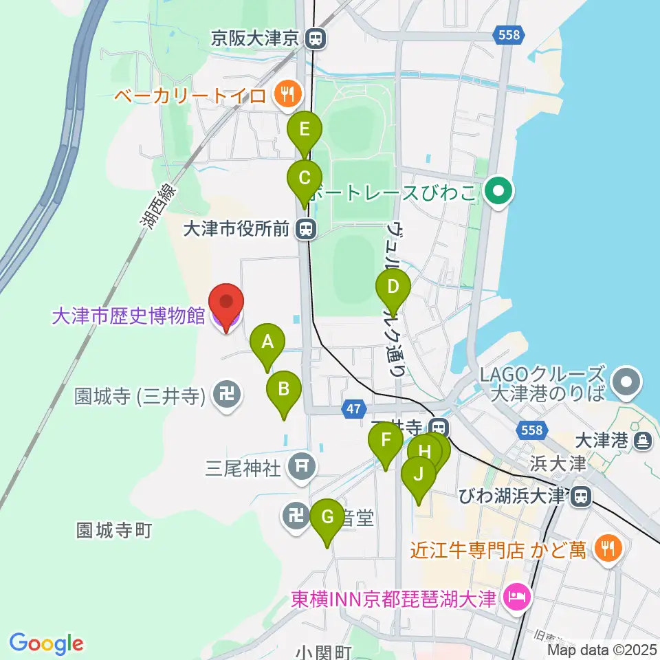 大津市歴史博物館周辺のファミレス・ファーストフード一覧地図