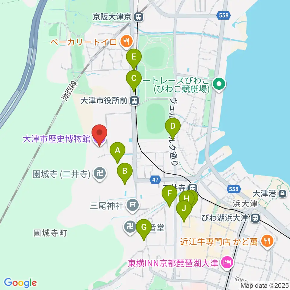 大津市歴史博物館周辺のファミレス・ファーストフード一覧地図