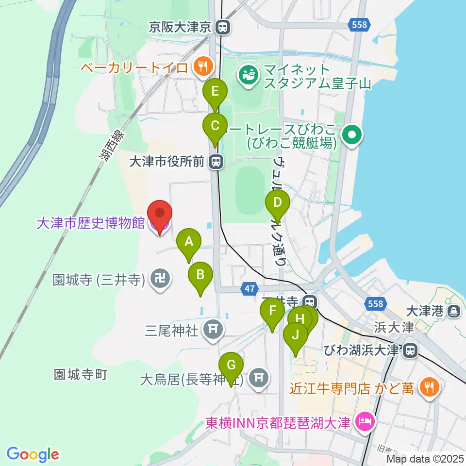 大津市歴史博物館周辺のファミレス・ファーストフード一覧地図