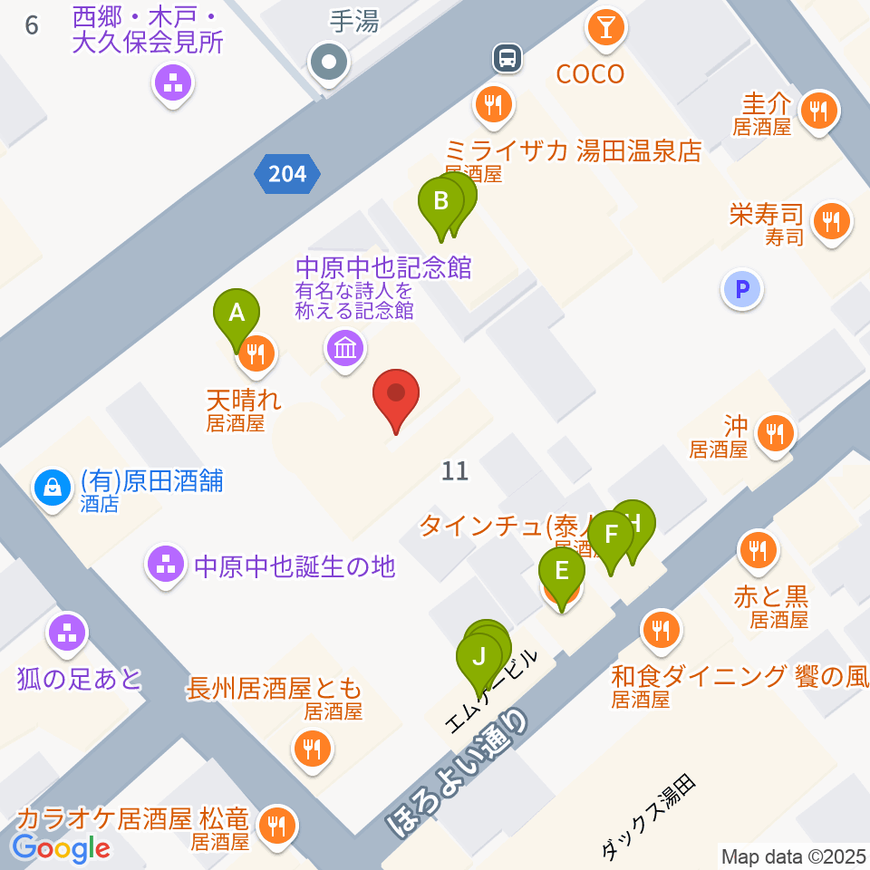 中原中也記念館周辺のファミレス・ファーストフード一覧地図