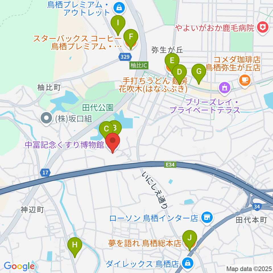 中冨記念くすり博物館周辺のファミレス・ファーストフード一覧地図